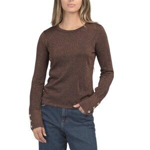 ELIE TAHARI Bronze Long Sleeve Crew Neck Metallic Sweater With Button Cuffs